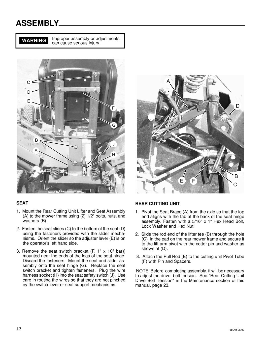 National Mower 68 SR, 68 DL owner manual Assembly, Seat, Rear Cutting Unit 