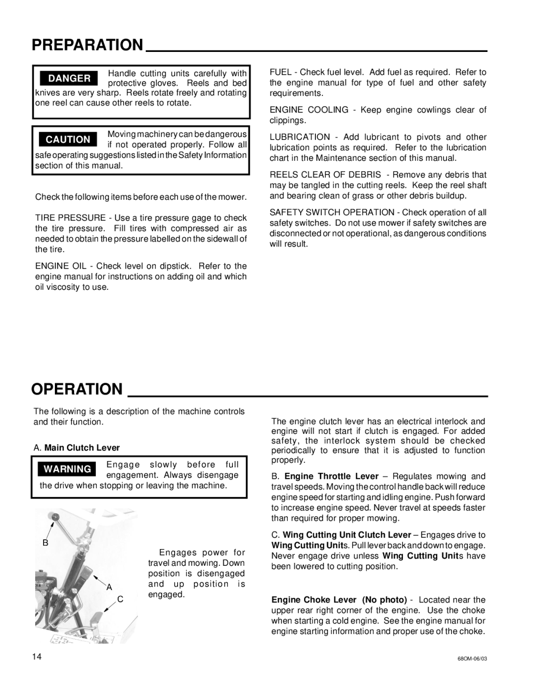 National Mower 68 SR, 68 DL owner manual Preparation, Operation, Main Clutch Lever 