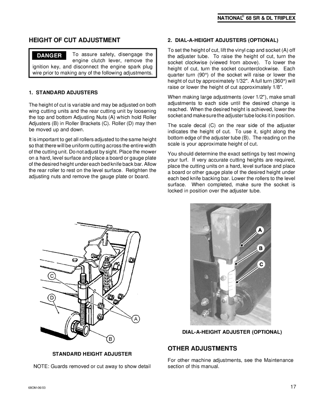 National Mower 68 DL Height of CUT Adjustment, Other Adjustments, Standard Adjusters, DIAL-A-HEIGHT Adjuster Optional 