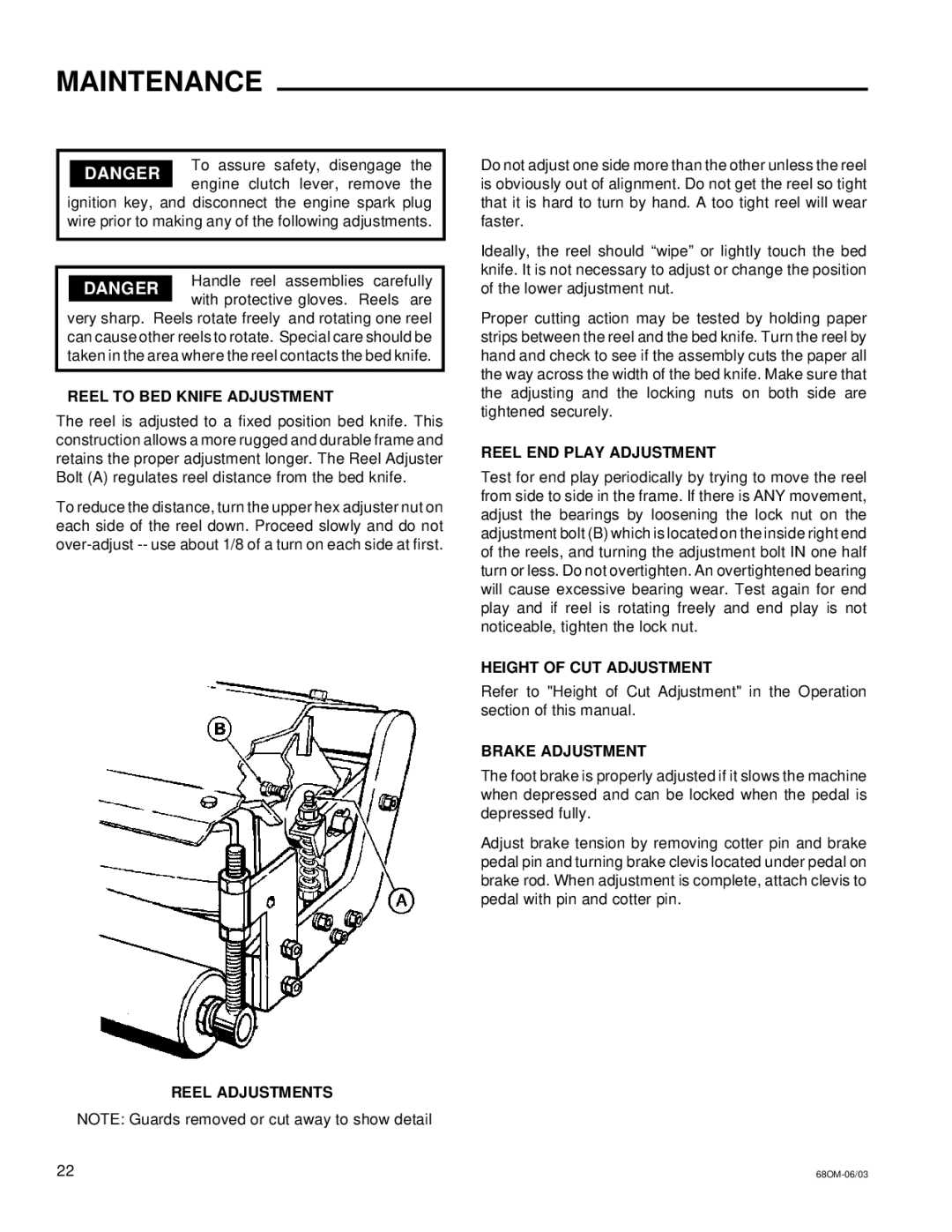 National Mower 68 SR, 68 DL Reel Adjustments, Reel END Play Adjustment, Height of CUT Adjustment, Brake Adjustment 