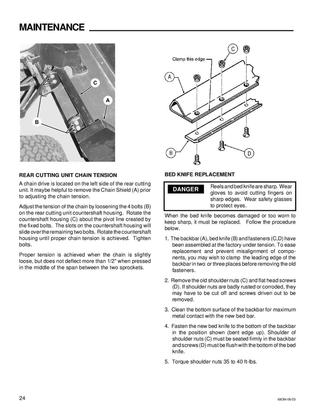 National Mower 68 SR, 68 DL owner manual Rear Cutting Unit Chain Tension, BED Knife Replacement 