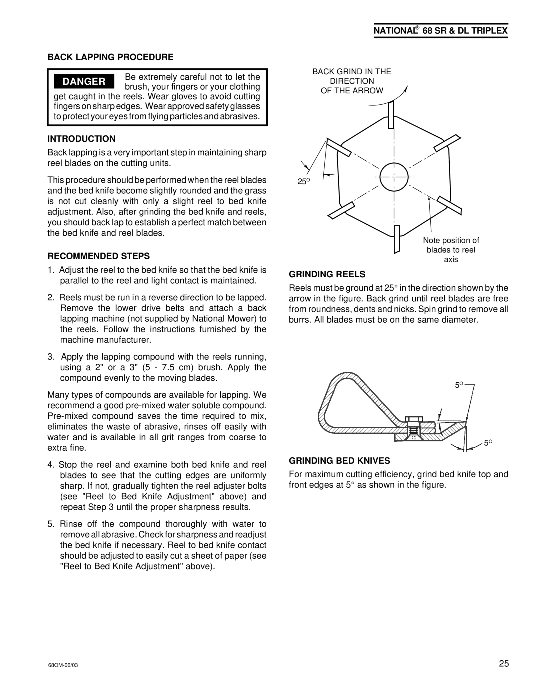 National Mower 68 DL, 68 SR Back Lapping Procedure, Introduction, Recommended Steps, Grinding Reels, Grinding BED Knives 