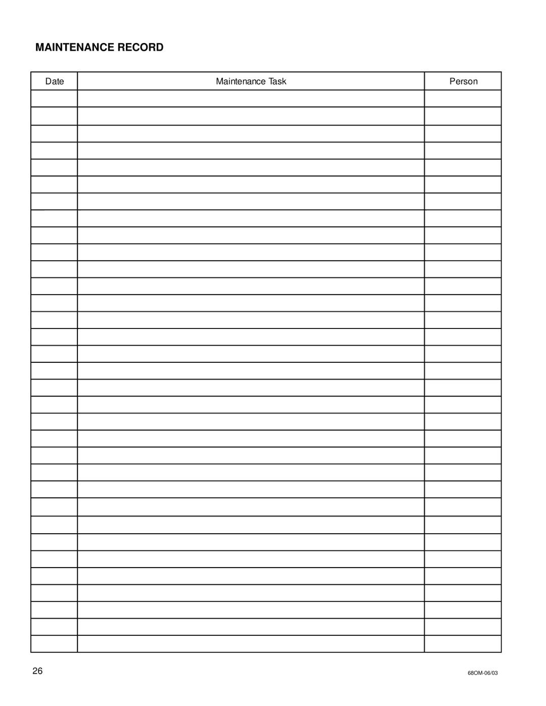 National Mower 68 SR, 68 DL owner manual Maintenance Record 