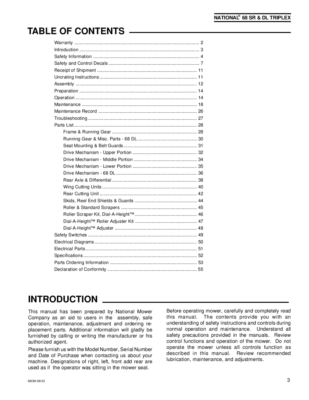 National Mower 68 DL, 68 SR owner manual Introduction, Table of Contents 