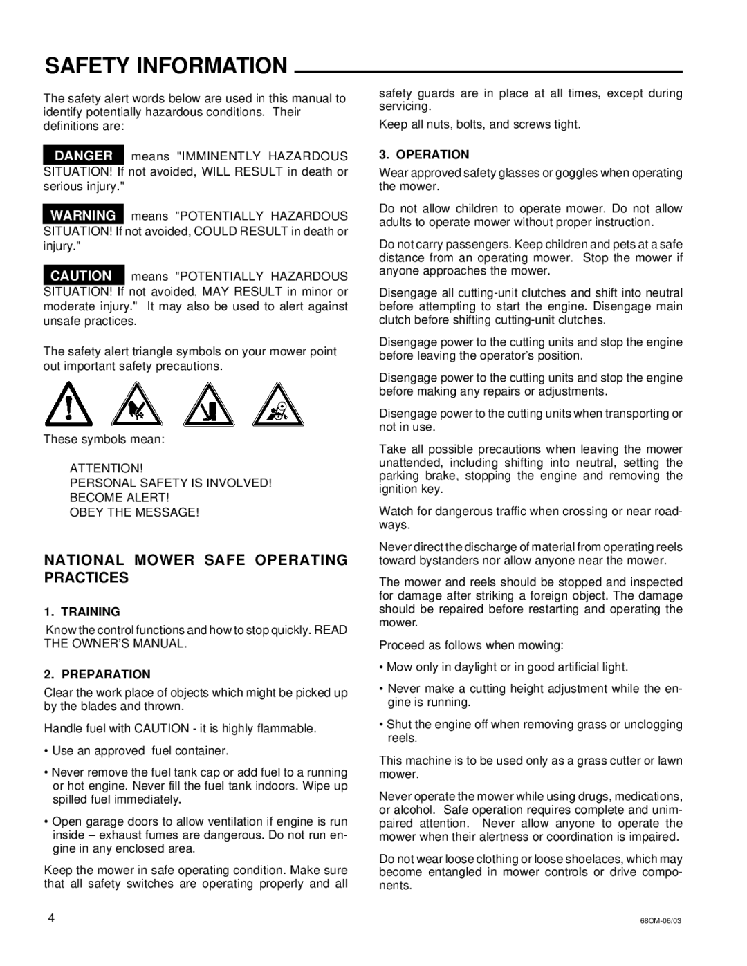 National Mower 68 SR, 68 DL Safety Information, National Mower Safe Operating Practices, Training Preparation, Operation 