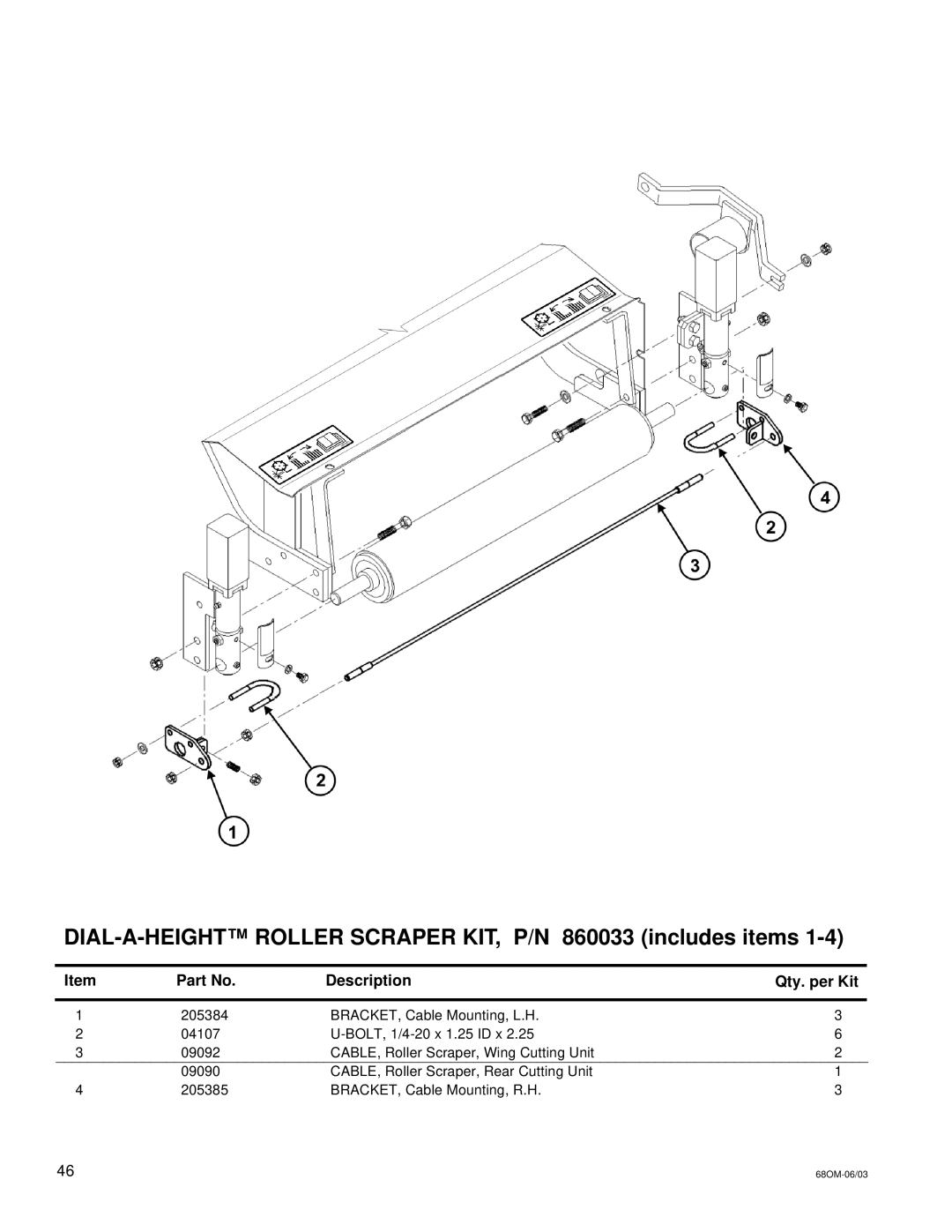 National Mower 68 SR, 68 DL DIAL-A-HEIGHT Roller Scraper KIT, P/N 860033 includes items, Description Qty. per Kit 