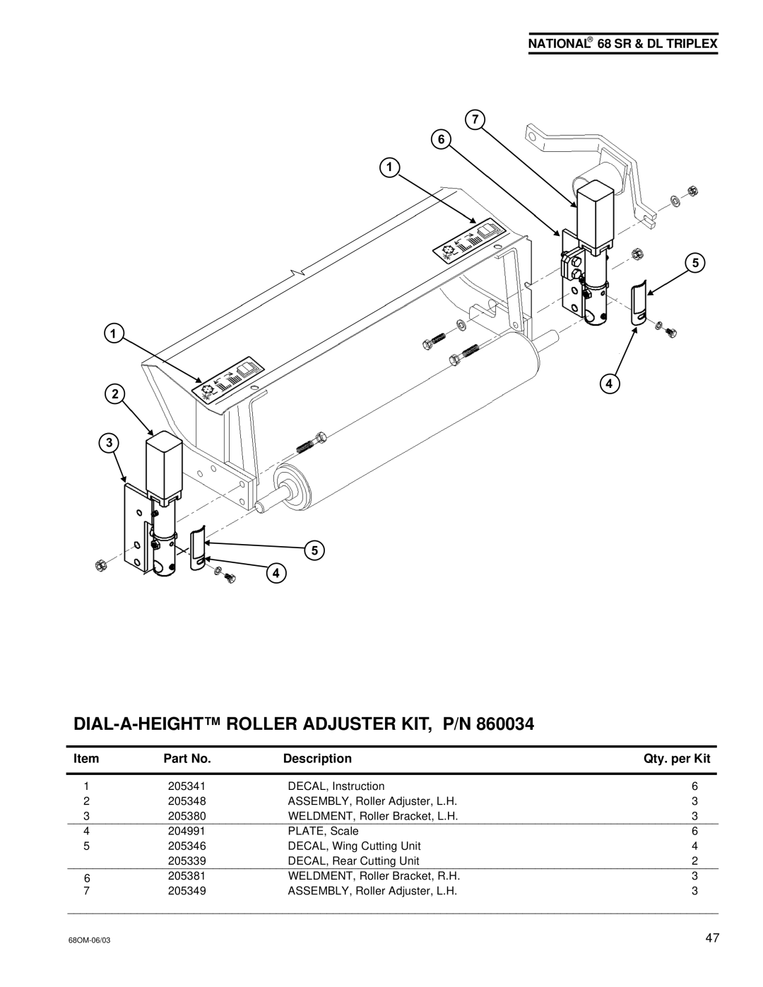 National Mower 68 DL, 68 SR owner manual DIAL-A-HEIGHT Roller Adjuster KIT, P/N 