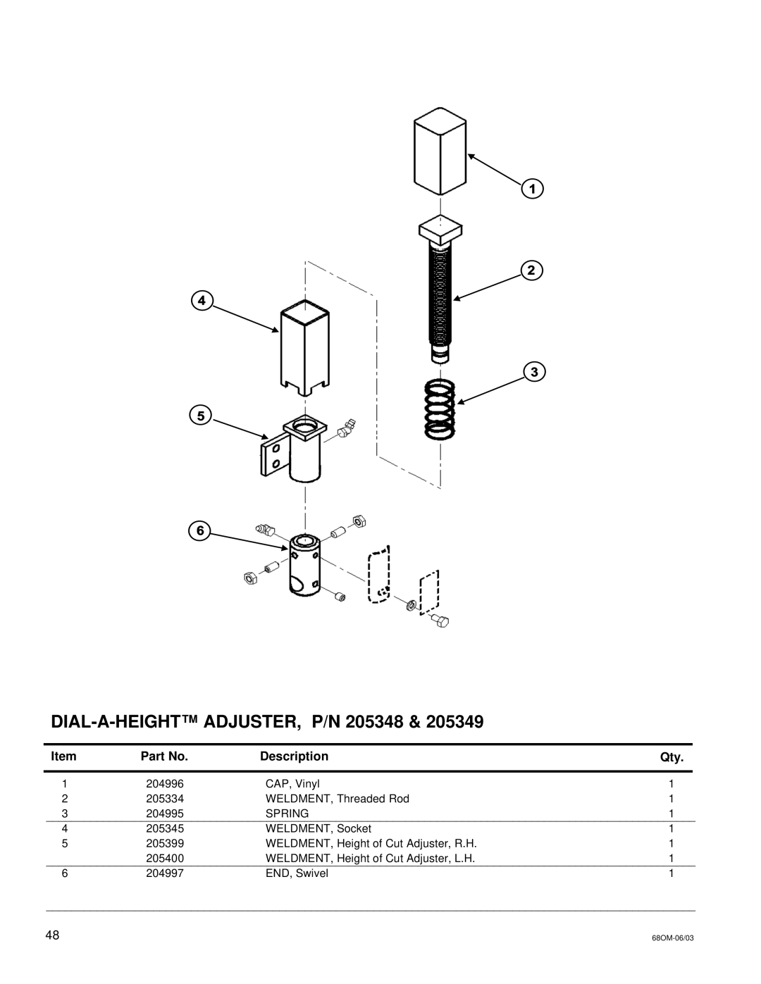 National Mower 68 SR, 68 DL owner manual DIAL-A-HEIGHT ADJUSTER, P/N 205348 