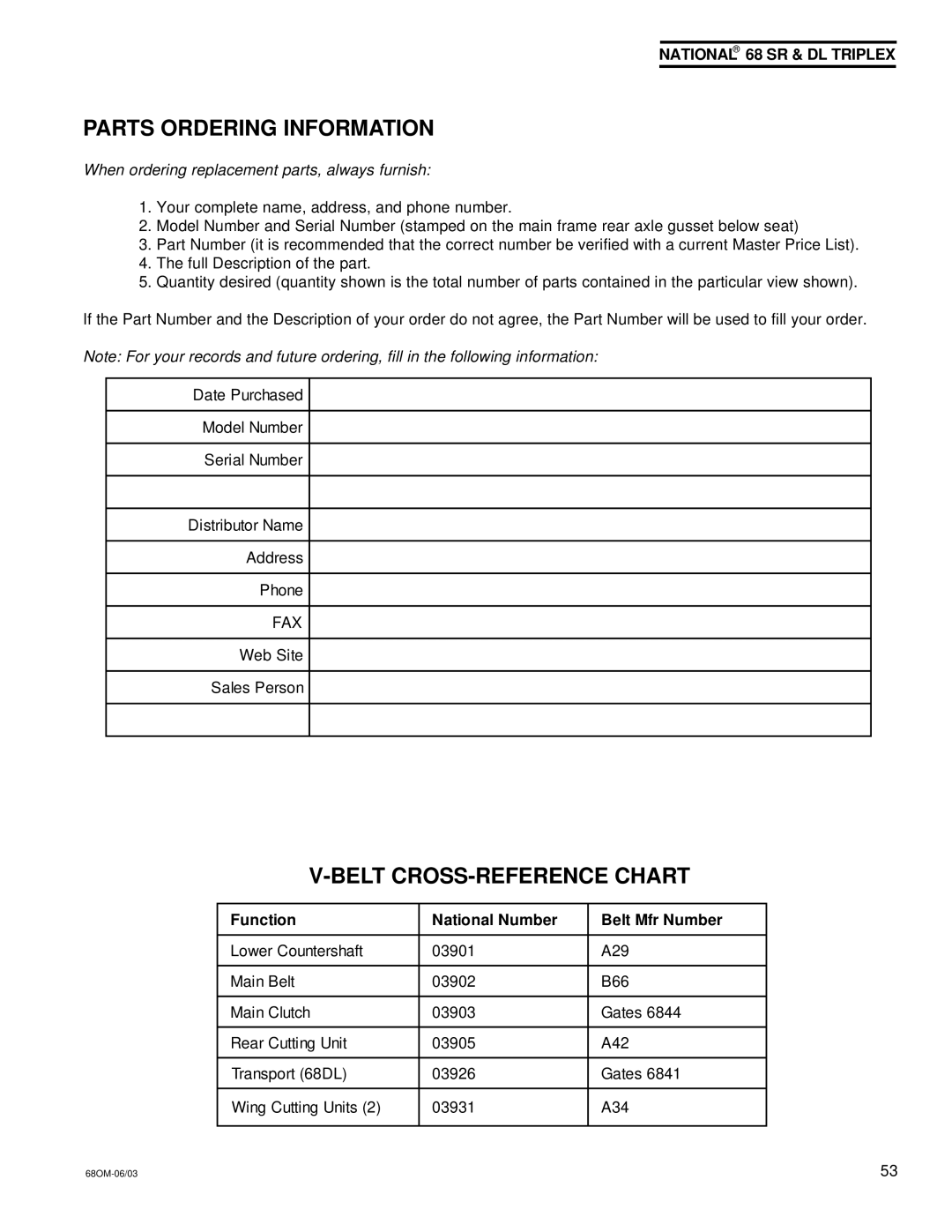 National Mower 68 DL Parts Ordering Information, Belt CROSS-REFERENCE Chart, Function National Number Belt Mfr Number 