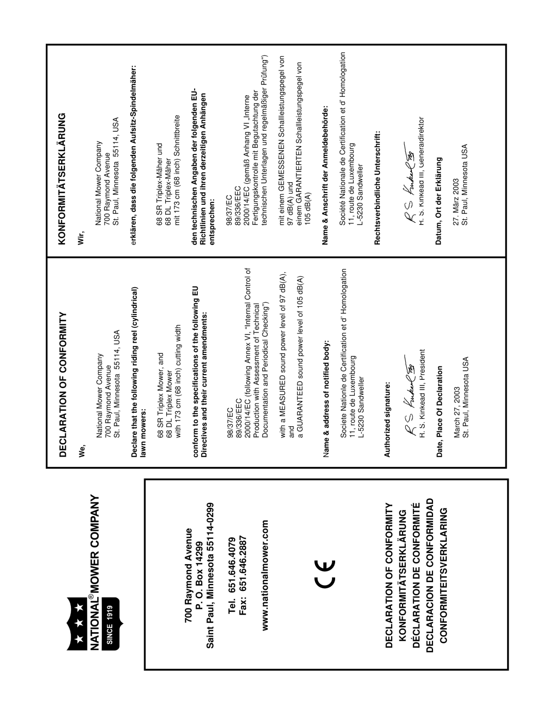 National Mower 68 DL, 68 SR owner manual Raymond Avenue Box Saint Paul, Minnesota Tel Fax, Konformitätserklärung 