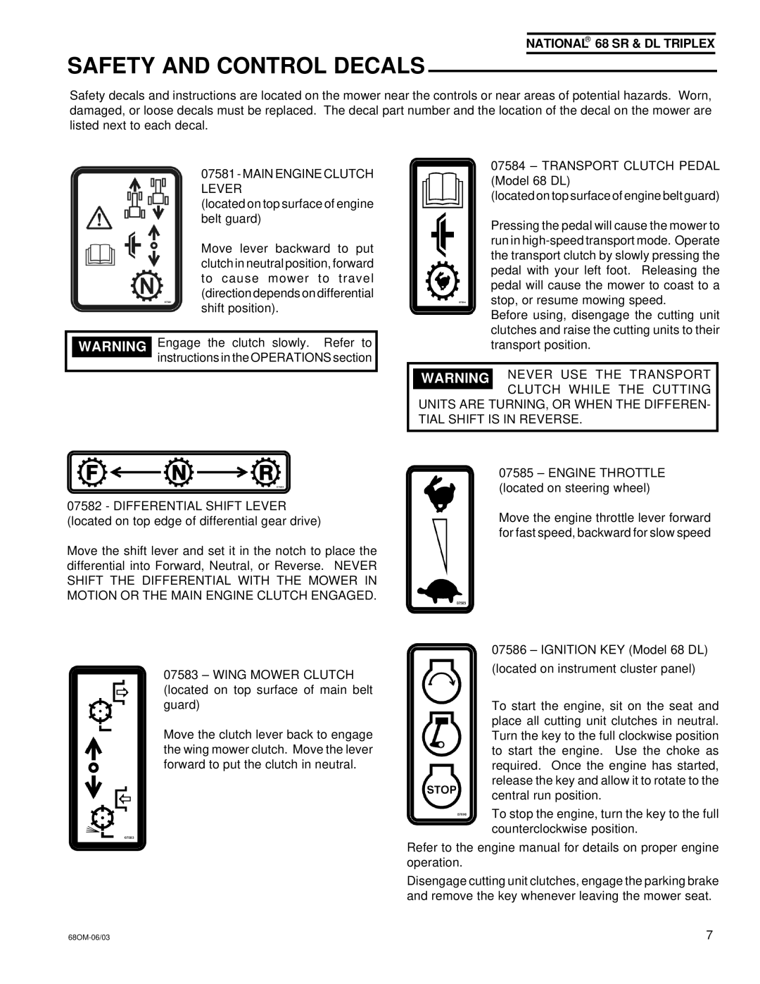 National Mower 68 DL, 68 SR owner manual Safety and Control Decals, Main Engine Clutch Lever 