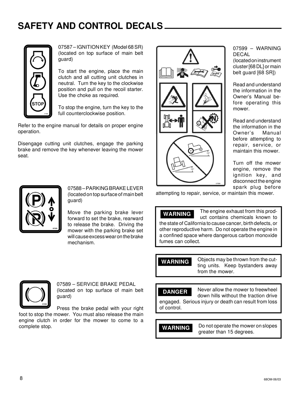 National Mower 68 SR, 68 DL owner manual Safety and Control Decals 