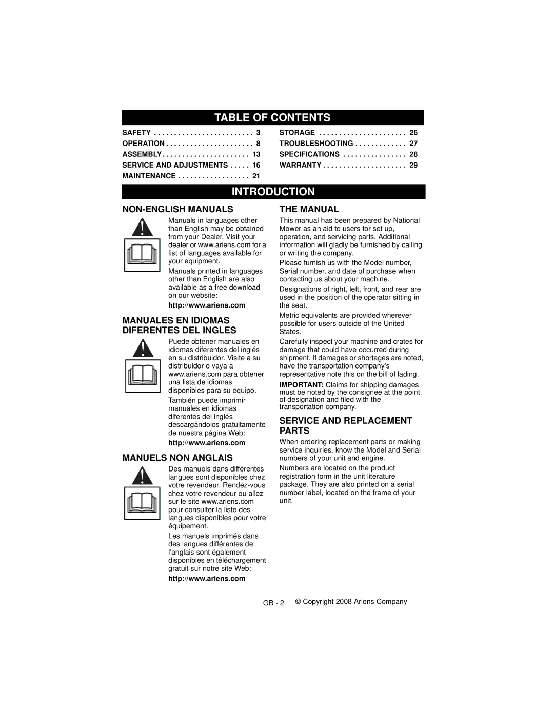 National Mower 99500500-8400 manual Table of Contents, Introduction 