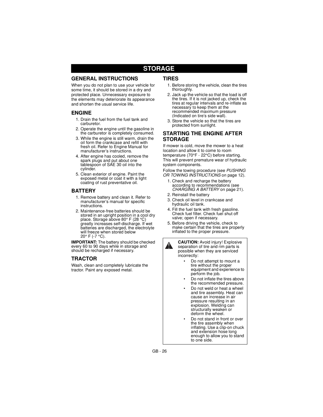 National Mower 99500500-8400 manual General Instructions, Tires, Starting the Engine After Storage 