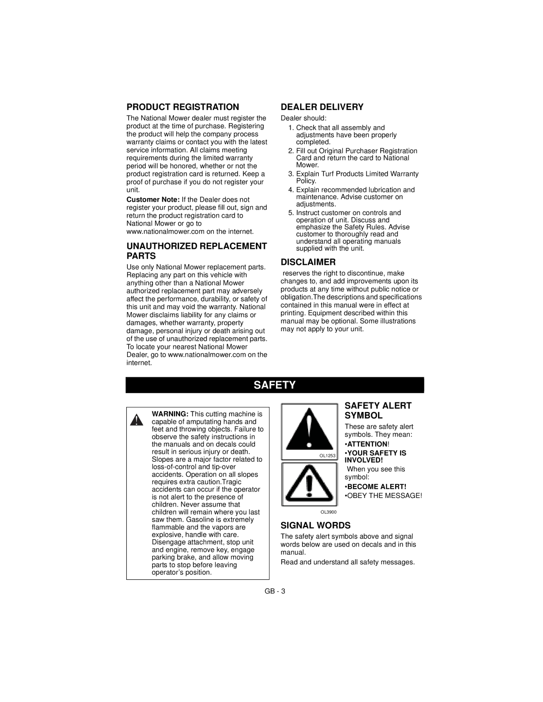 National Mower 99500500-8400 manual Safety 