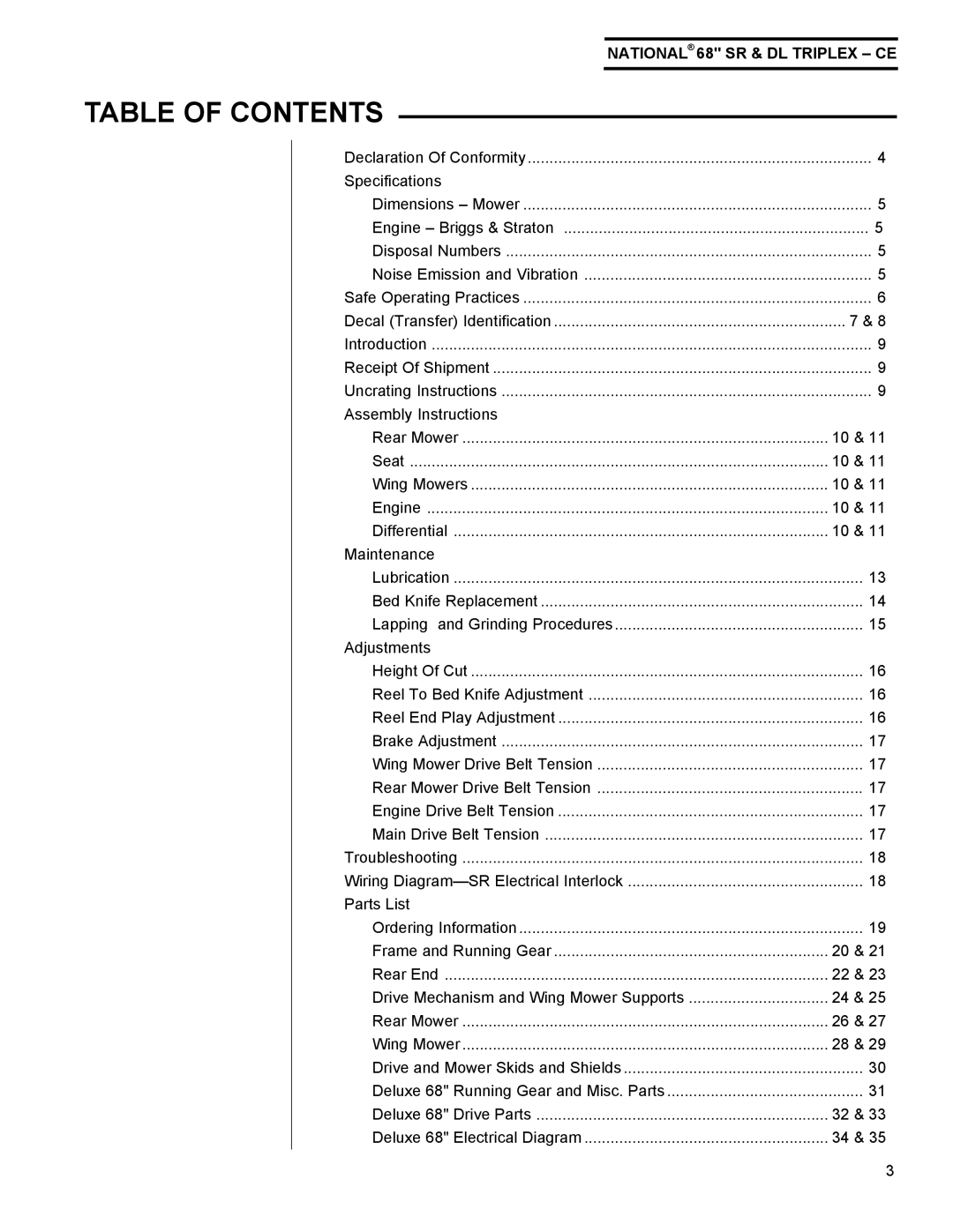 National Mower SR 68, DL 68 owner manual Table of Contents 