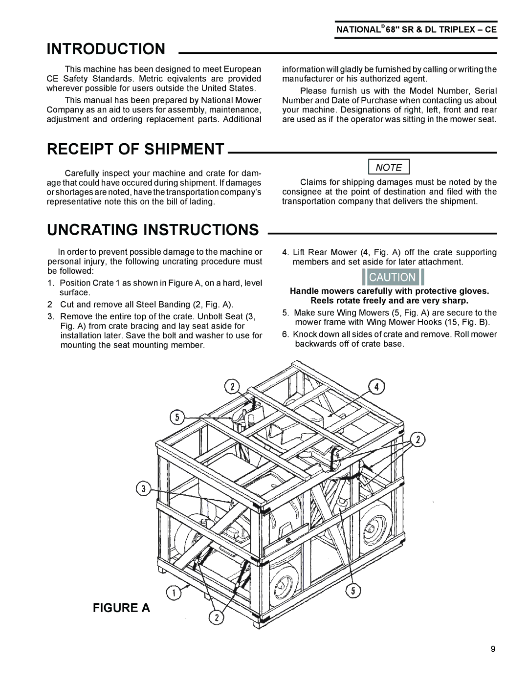 National Mower SR 68, DL 68 owner manual Introduction, Receipt of Shipment, Uncrating Instructions 