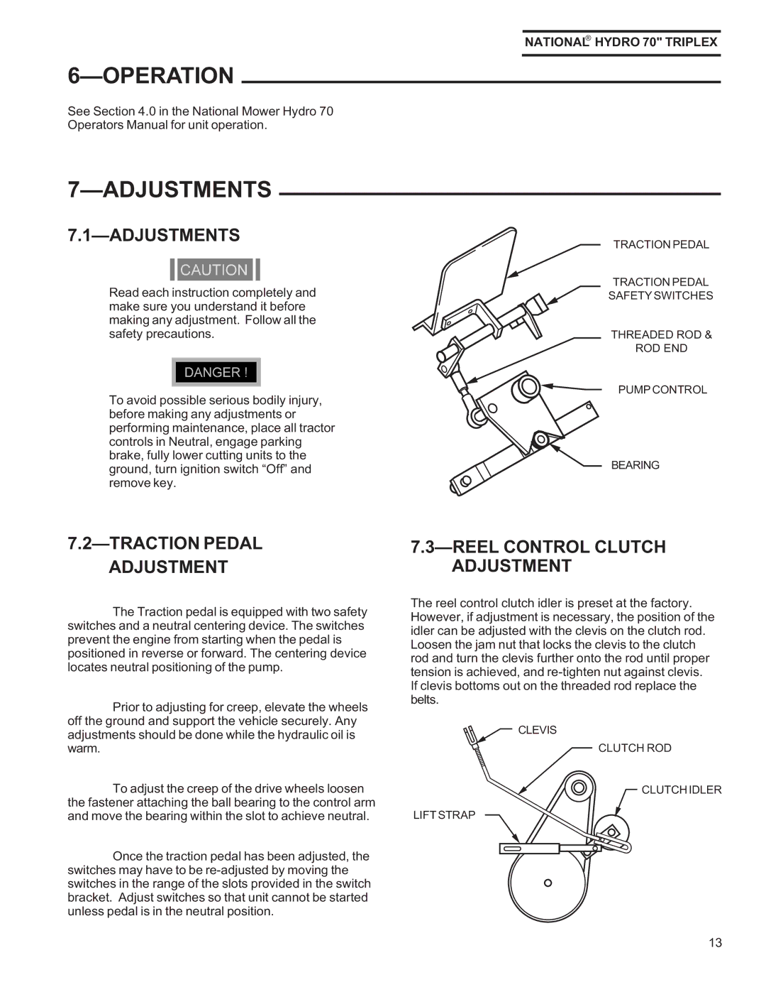 National Mower HY70OM-8/992 owner manual Operation, Adjustments, Traction Pedal Adjustment, Reel Control Clutch Adjustment 