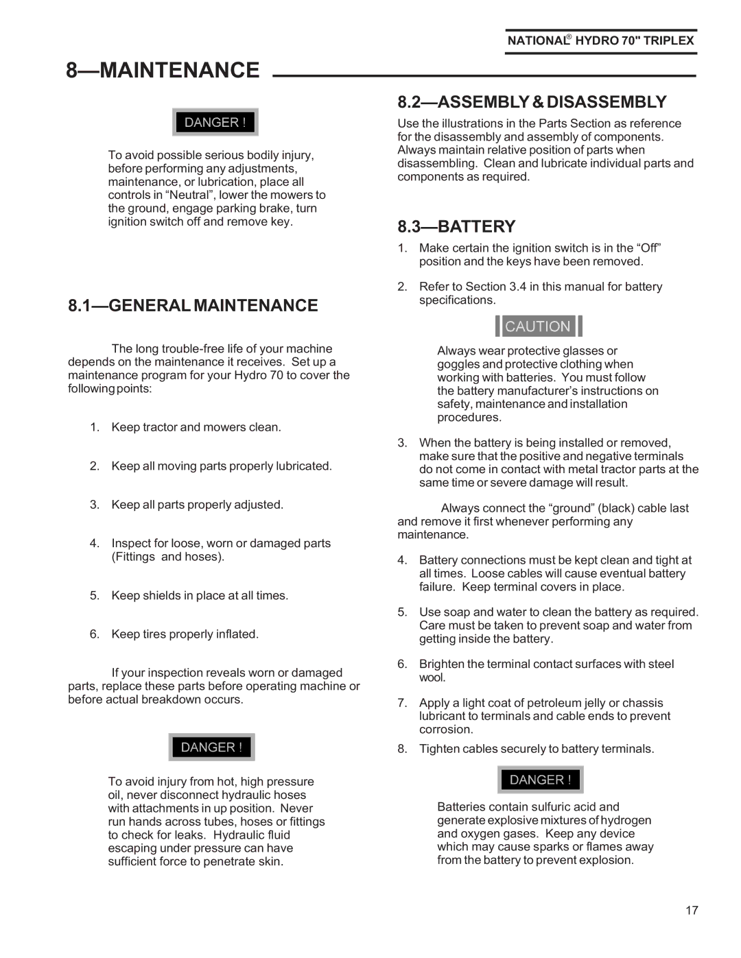 National Mower HY70OM-8/992, HYD70OM-8/99 owner manual General Maintenance, Assembly & Disassembly 