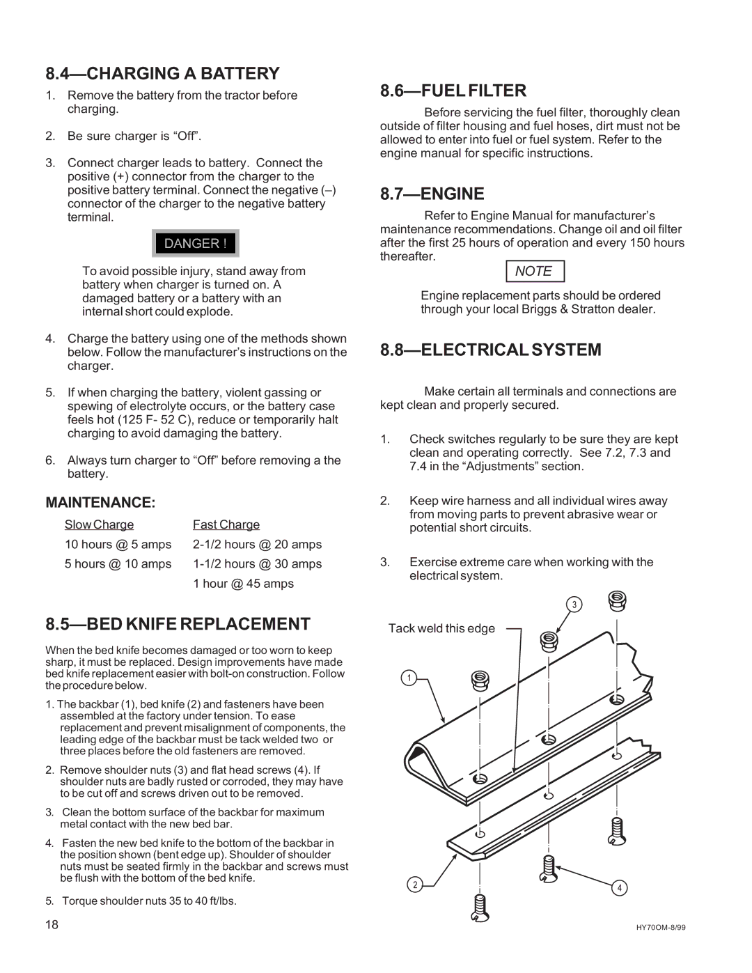 National Mower HYD70OM-8/99 Charging a Battery, BED Knife Replacement, Fuel Filter, Electrical System, Maintenance 