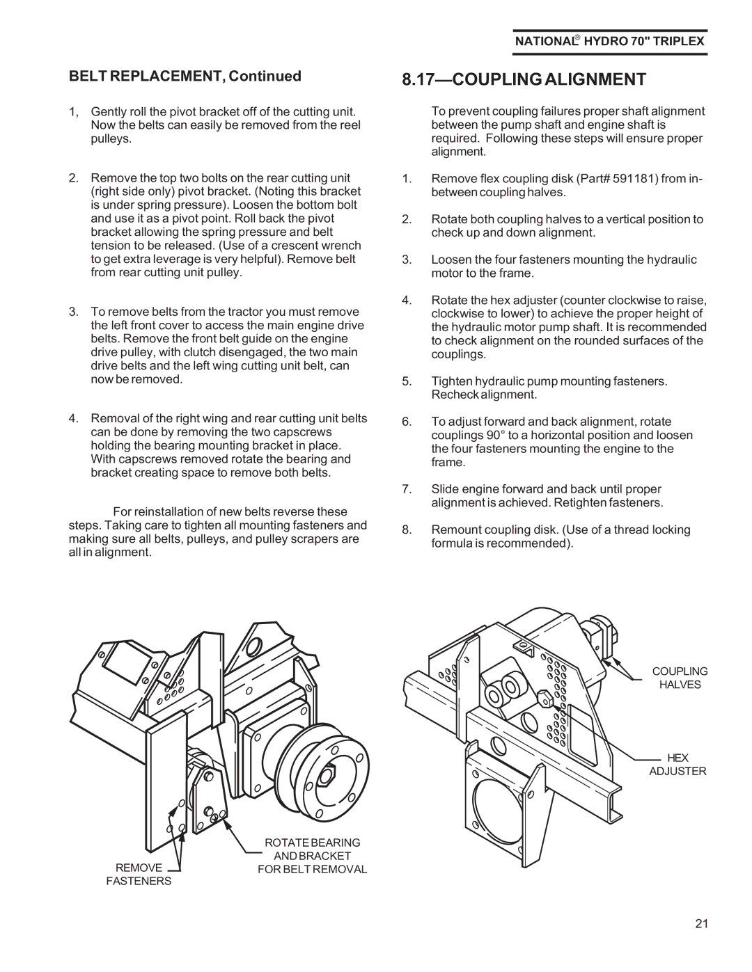 National Mower HY70OM-8/992, HYD70OM-8/99 owner manual Coupling Alignment, Belt Replacement 