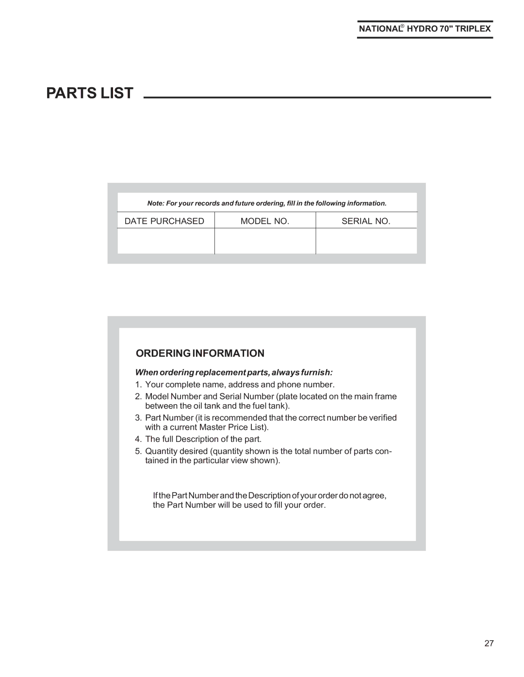 National Mower HY70OM-8/992, HYD70OM-8/99 owner manual Parts List, Ordering Information 