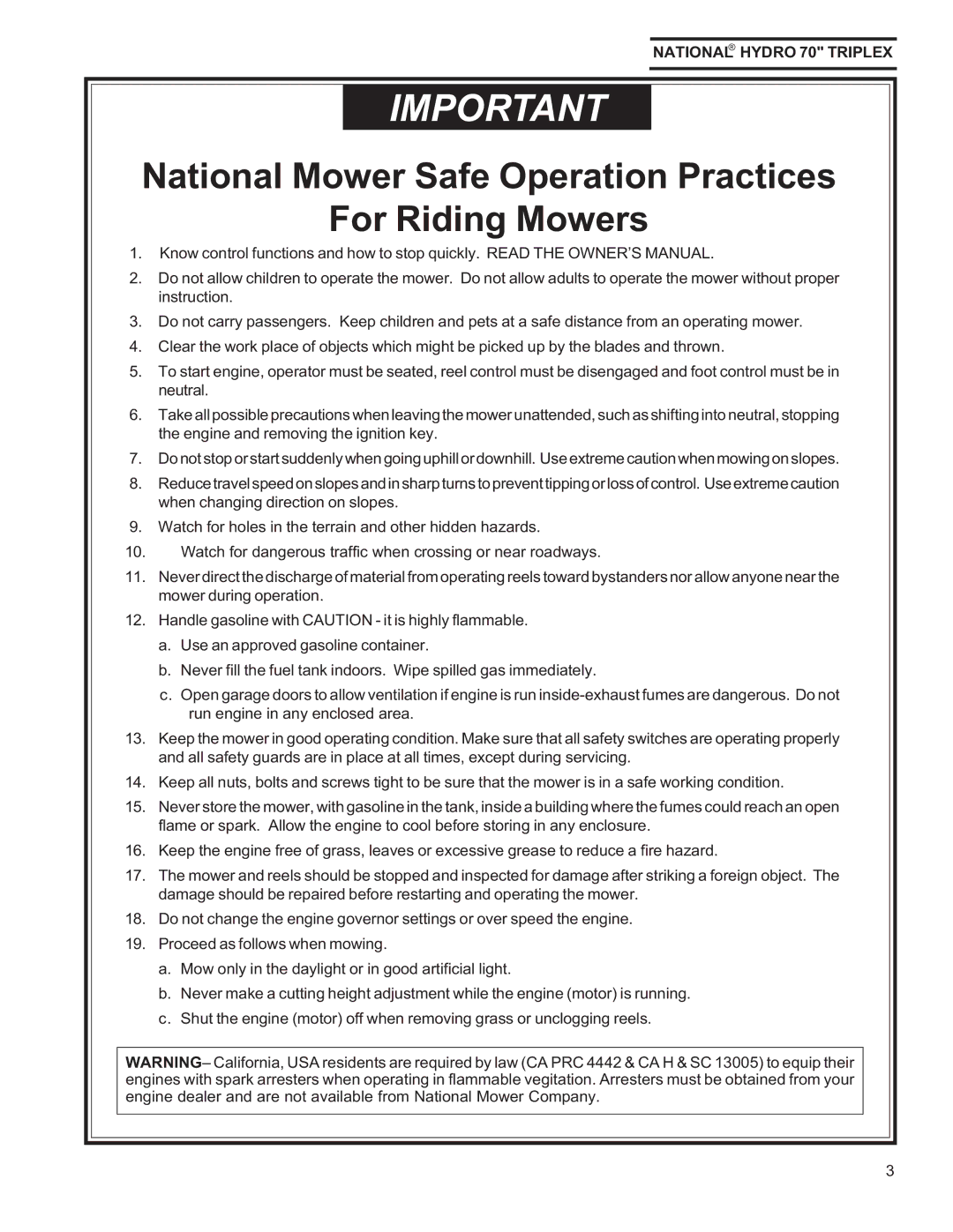 National Mower HY70OM-8/992, HYD70OM-8/99 owner manual National Mower Safe Operation Practices For Riding Mowers 