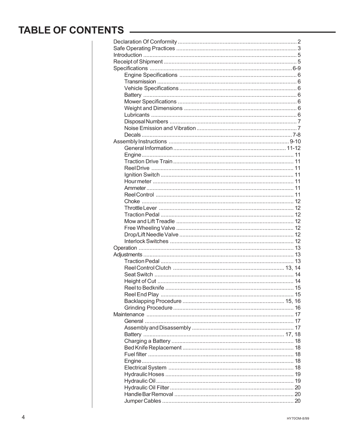 National Mower HYD70OM-8/99, HY70OM-8/992 owner manual Table of Contents 