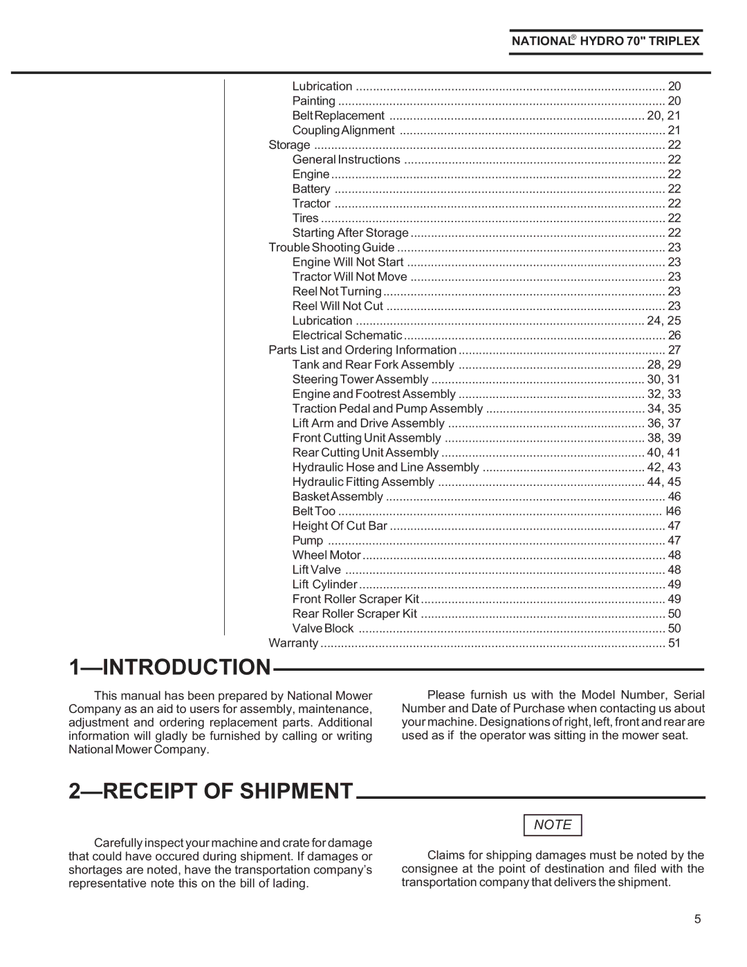 National Mower HY70OM-8/992, HYD70OM-8/99 owner manual Introduction, Receipt of Shipment 