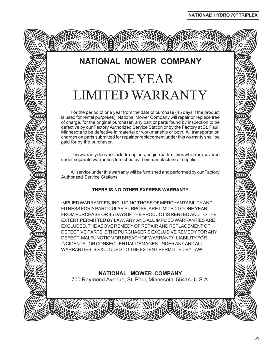 National Mower HY70OM-8/992, HYD70OM-8/99 National Mower Company, Raymond Avenue, St. Paul, Minnesota 55414, U.S.A 