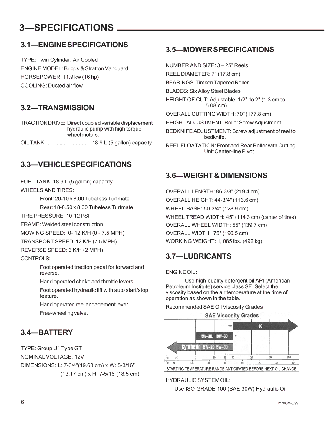 National Mower HYD70OM-8/99, HY70OM-8/992 owner manual Specifications 