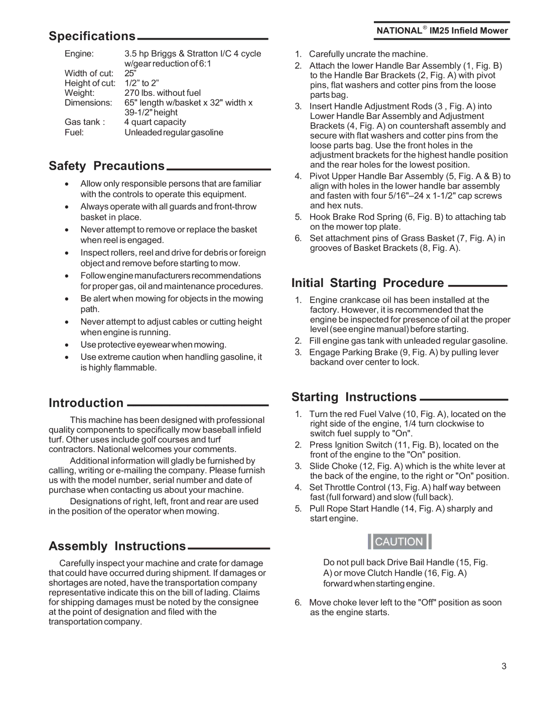 National Mower IM25 Specifications, Safety Precautions, Initial Starting Procedure, Introduction, Starting Instructions 