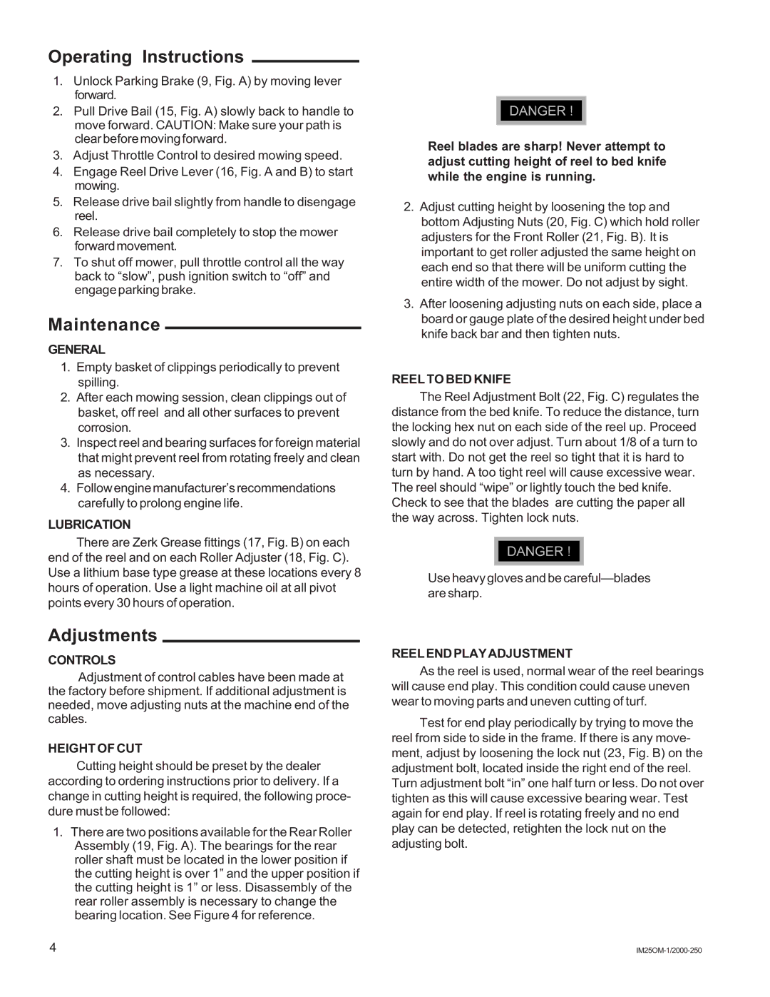 National Mower IM25 manual Operating Instructions, Maintenance, Adjustments 