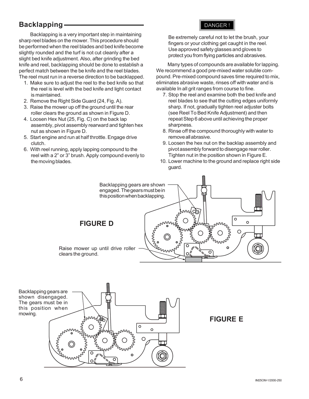 National Mower IM25 manual Backlapping, Figure D 