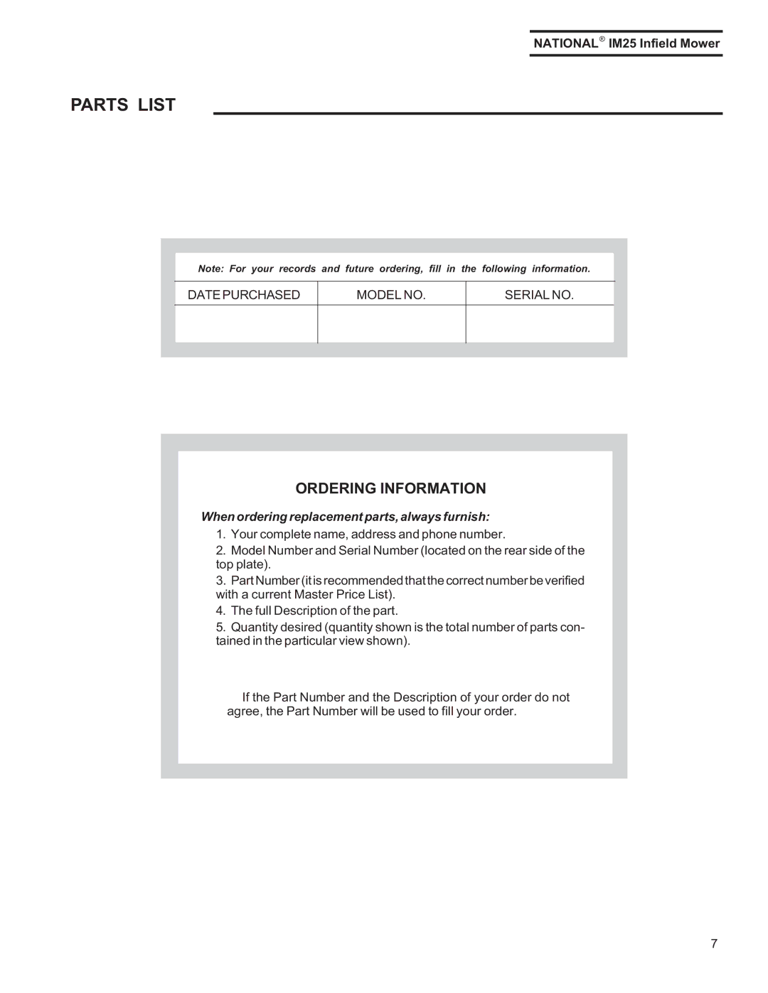 National Mower IM25 manual Parts List, Datepurchased Model no Serial no 