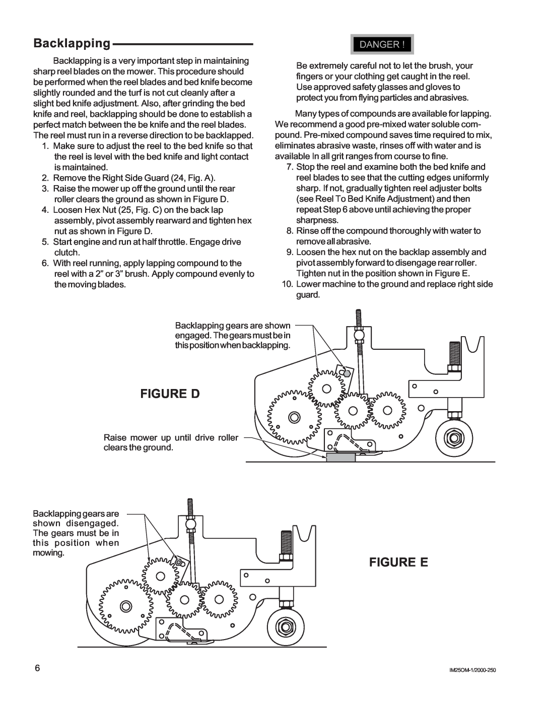 National Mower IM25 manual Backlapping, Figure D, Figure E 