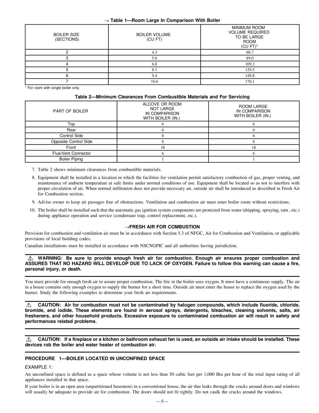 National Products BW3, Series B instruction manual → ÐRoom Large In Comparison With Boiler, →FRESH AIR for Combustion, Ð5Ð 