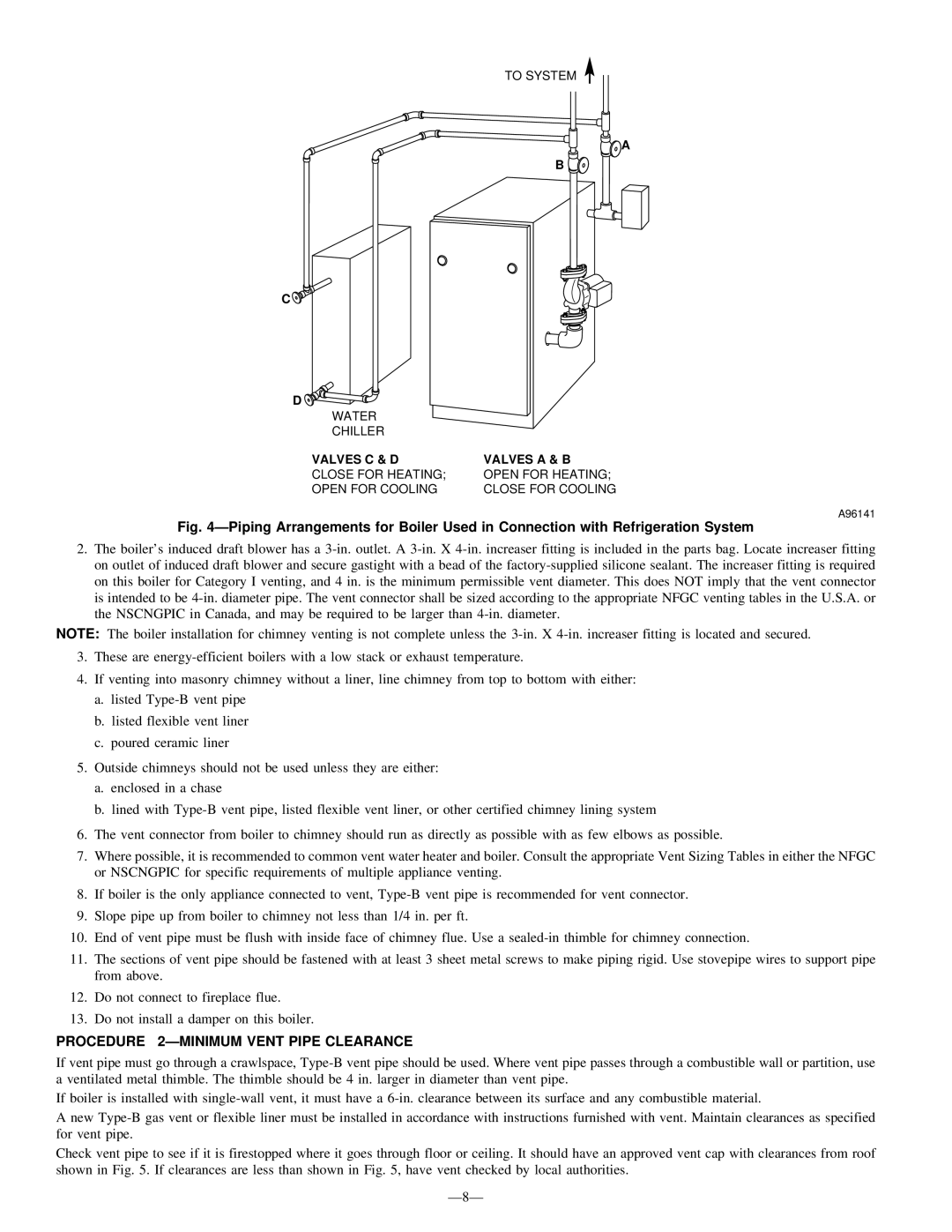 National Products Series B, BW3 instruction manual Procedure 2ÐMINIMUM Vent Pipe Clearance, Ð8Ð 