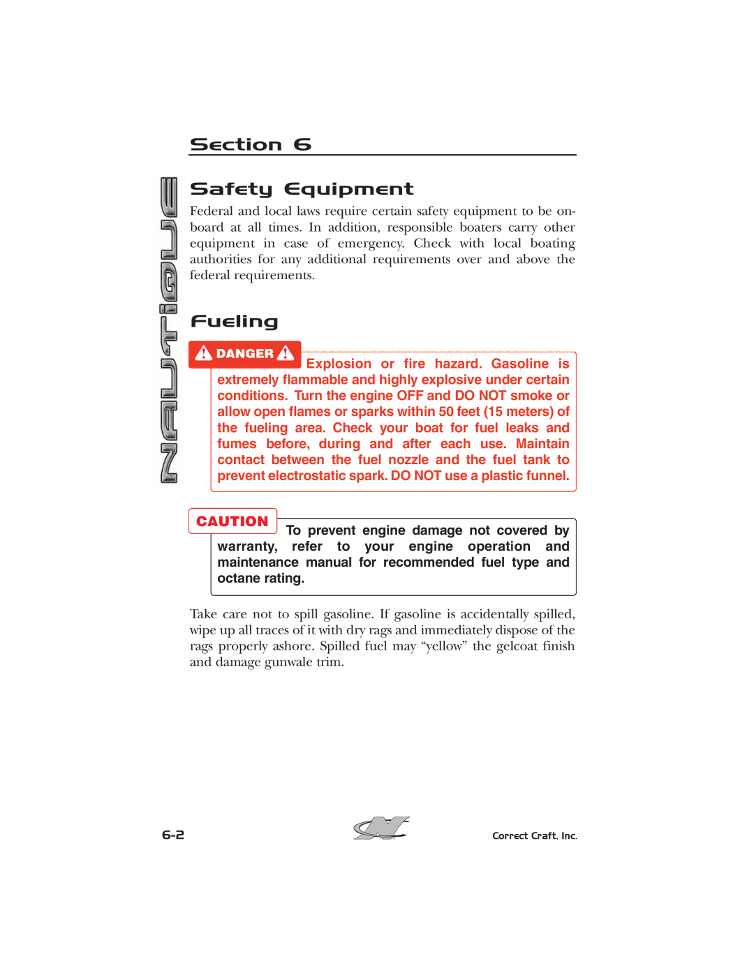 Nautique 2008 70141 manual Section Safety Equipment, Fueling 