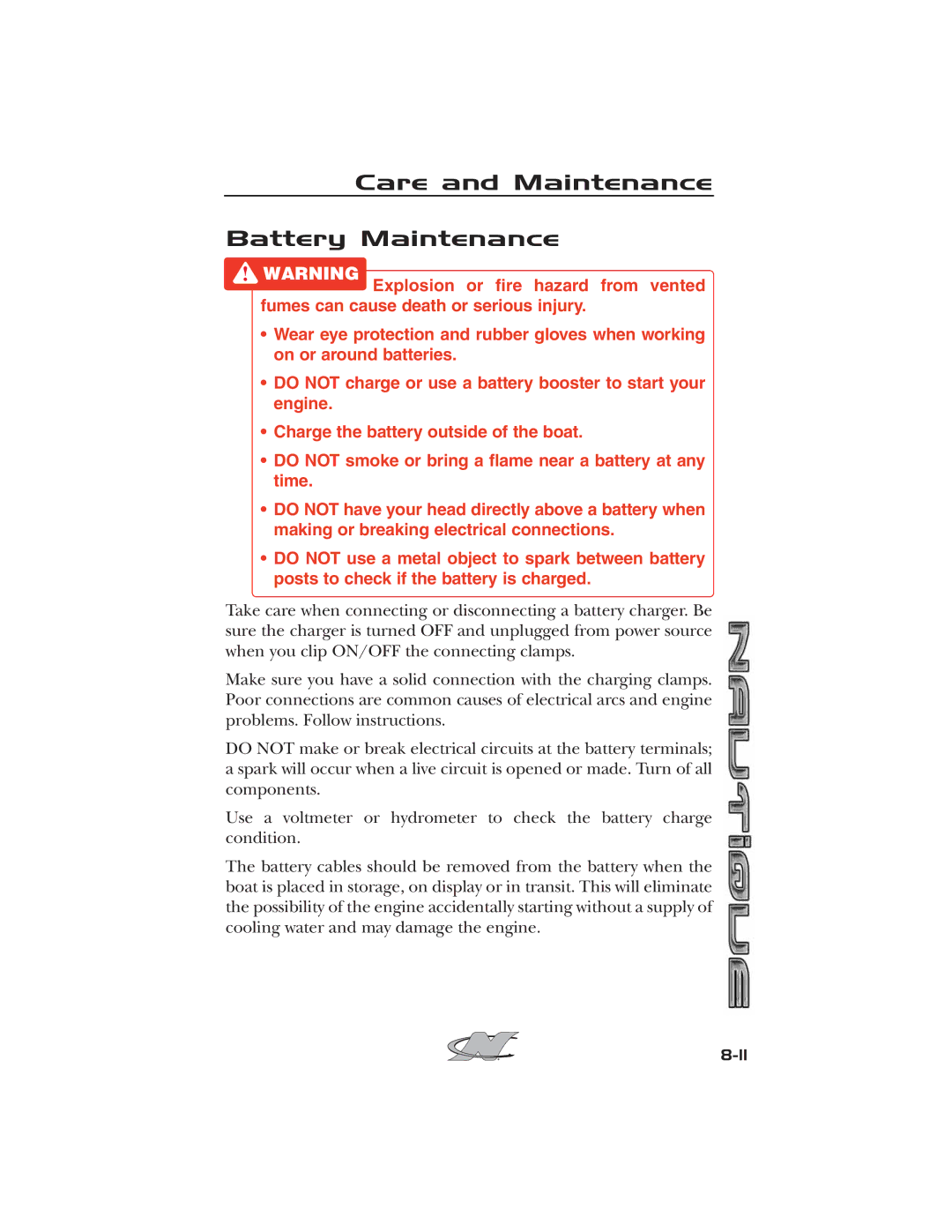 Nautique 2008 70141 manual Care and Maintenance Battery Maintenance 