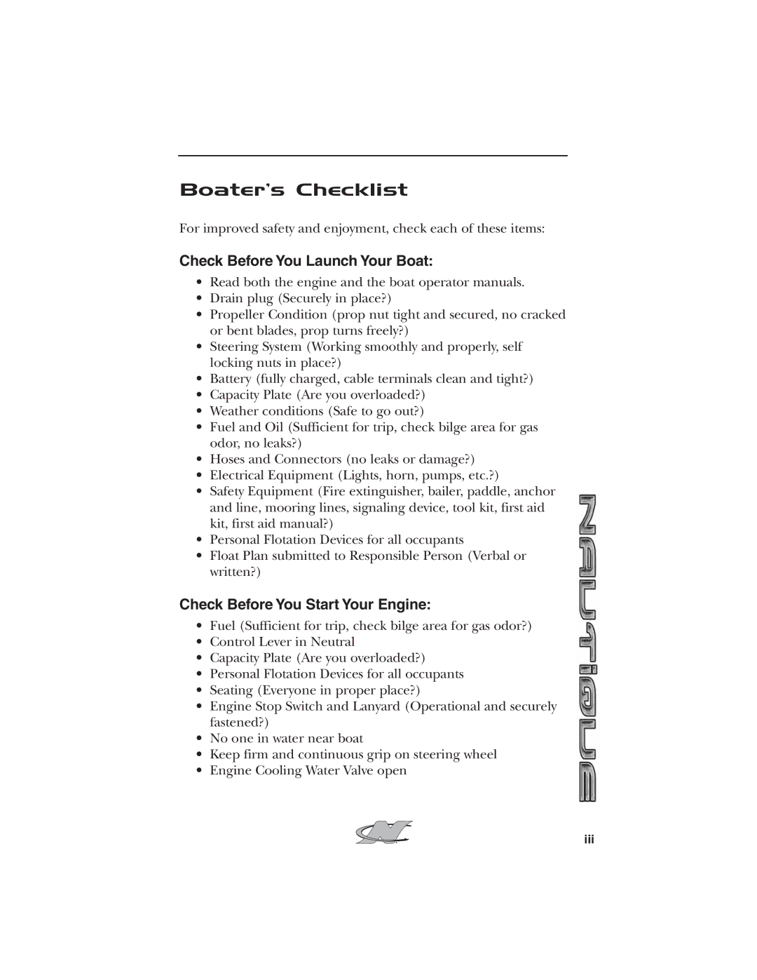 Nautique 2008 70141 manual Boater’s Checklist, Check Before You Launch Your Boat, Check Before You Start Your Engine 