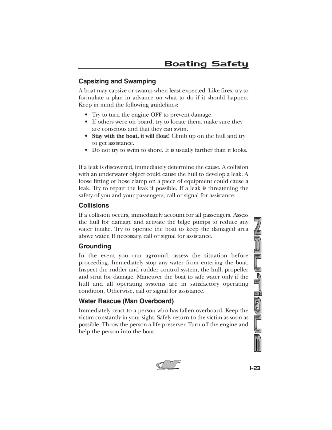 Nautique 2008 70141 manual Capsizing and Swamping, Collisions, Grounding, Water Rescue Man Overboard 
