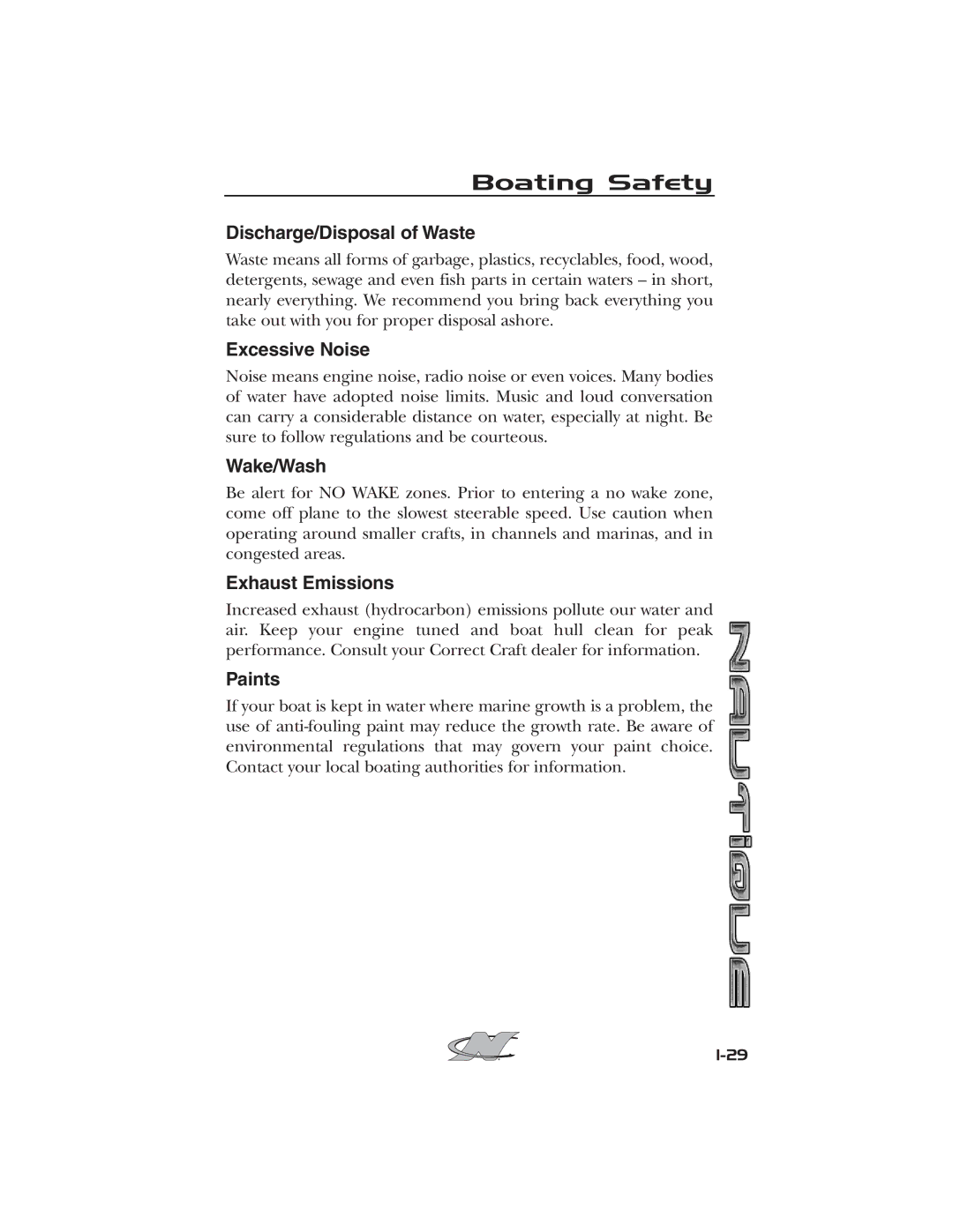 Nautique 2008 70141 manual Discharge/Disposal of Waste, Excessive Noise, Wake/Wash, Exhaust Emissions, Paints 