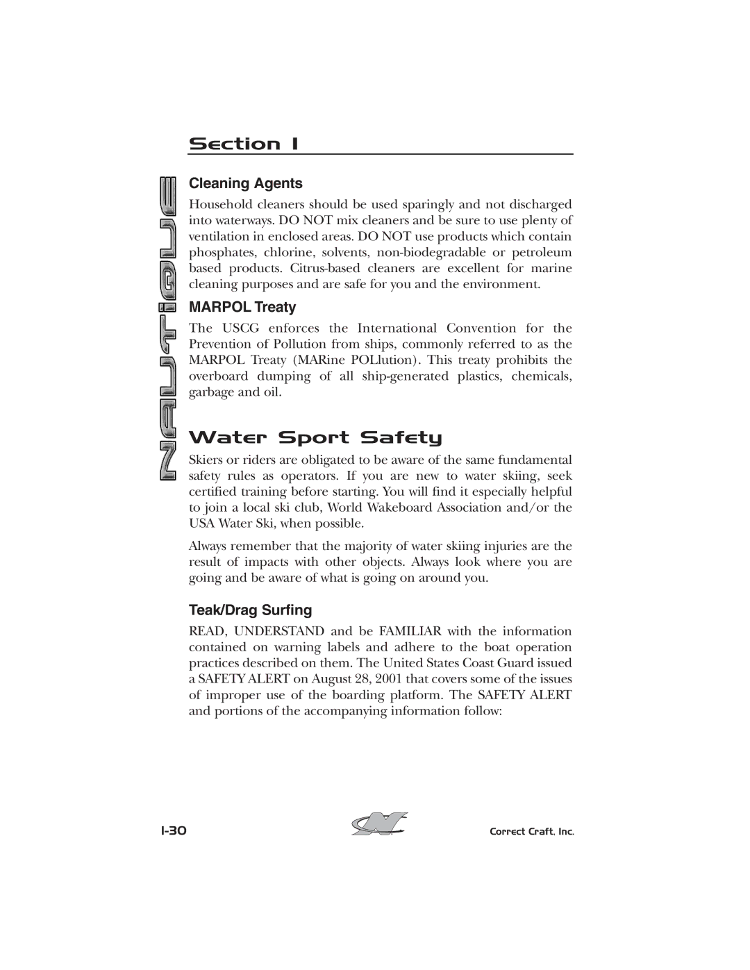 Nautique 2008 70141 manual Water Sport Safety, Cleaning Agents, Marpol Treaty, Teak/Drag Surfing 