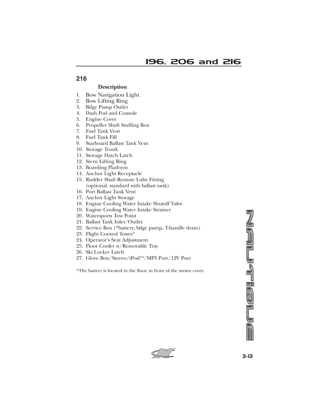 Nautique 2008 70141 manual Battery is located in the floor, in front of the motor cover 