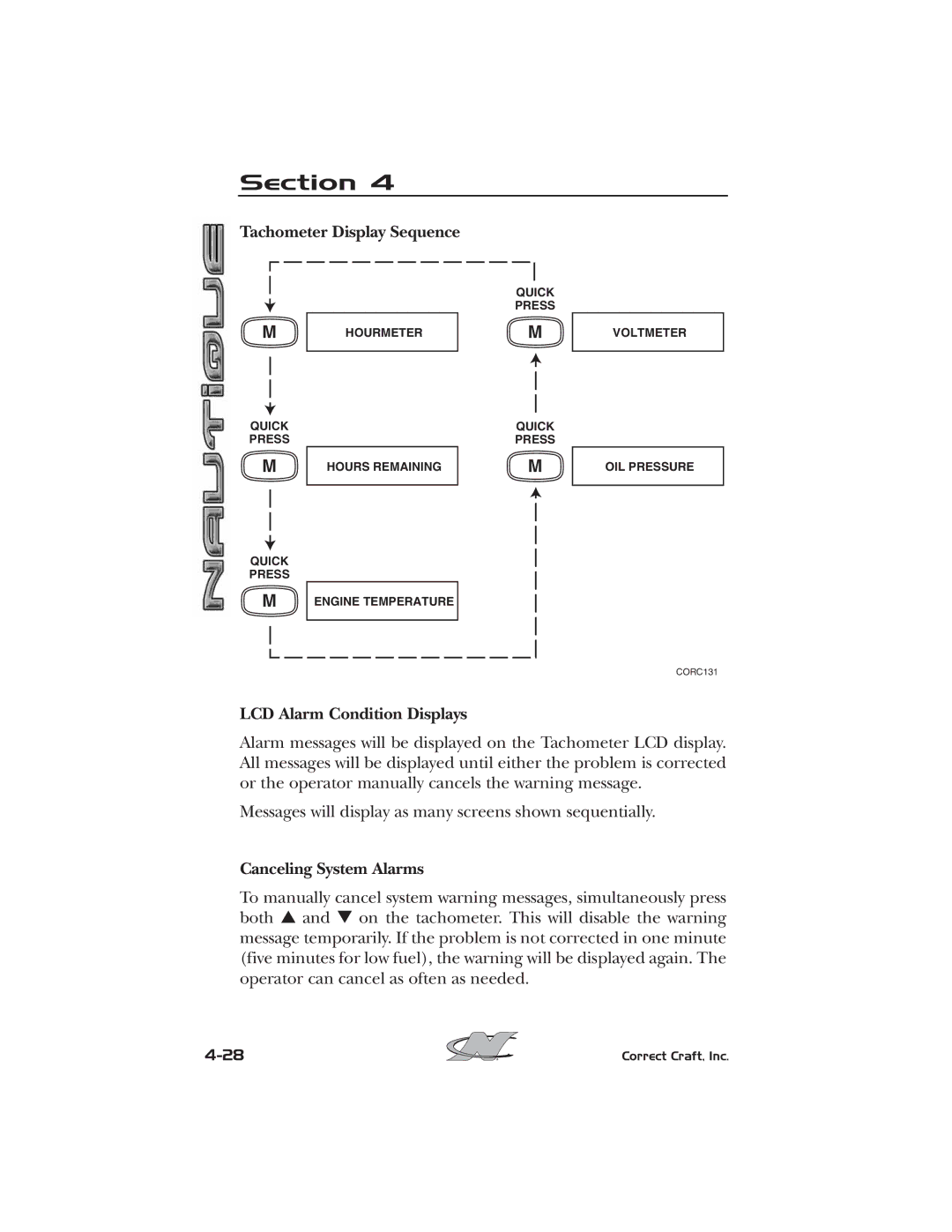 Nautique 2008 70141 manual Tachometer Display Sequence, LCD Alarm Condition Displays, Canceling System Alarms 