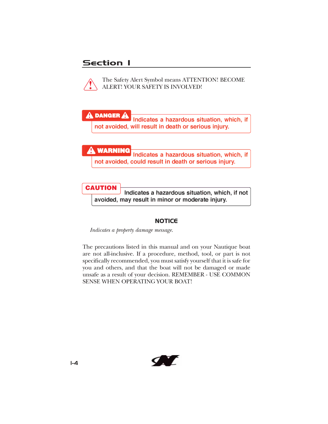 Nautique 90490 manual Indicates a property damage message 