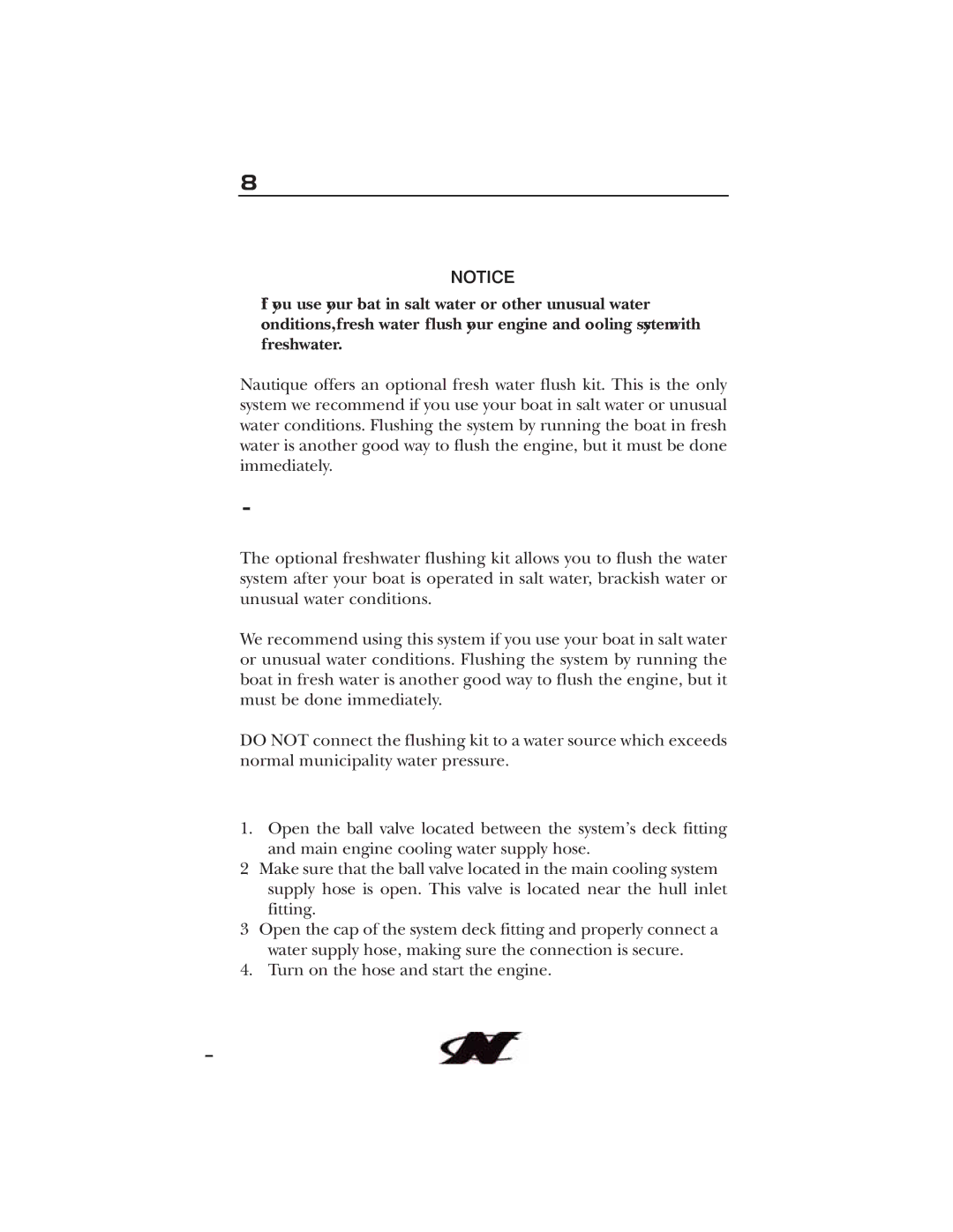 Nautique 90490 manual Section Salt Water Boating, Freshwater Flushing Kit- Optional, Proper Use of Freshwater Flushing Kit 