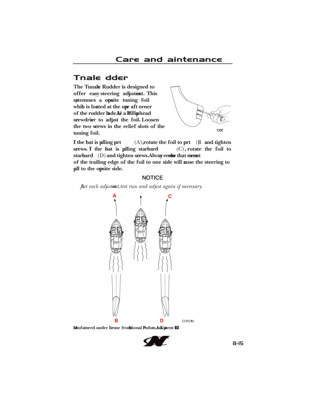 Nautique 90490 manual Care and Maintenance Tunable Rudder 
