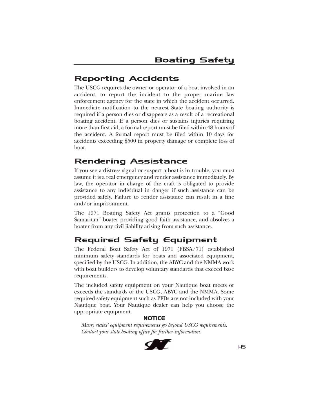 Nautique 90490 manual Boating Safety Reporting Accidents, Rendering Assistance, Required Safety Equipment 